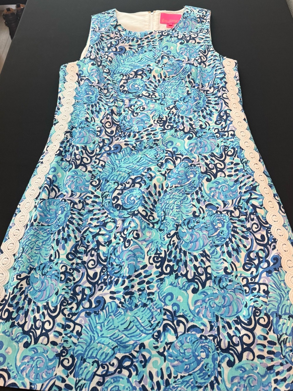 Lilly Pulitzer Aqua and Navy Printed Sleeveless Shift Dress with Cream Lace Trim
